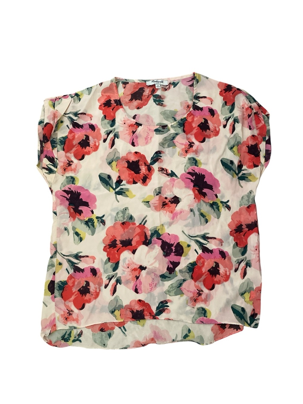 Madewell Silk Floral Short-Sleeve Blouse in Cream, Red, Pink, Green